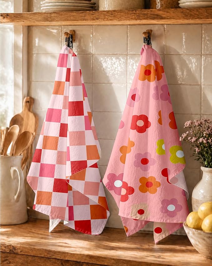 Miss Adola 2 Pack Flour Sack Kitchen Towels - 16x26 Inch Cotton Dish Towels with Hanging Loop Reusable Geometric Boho Modern Retro Tea Towel Absorbent Dishcloths Home Decor, PK Checkered Flower