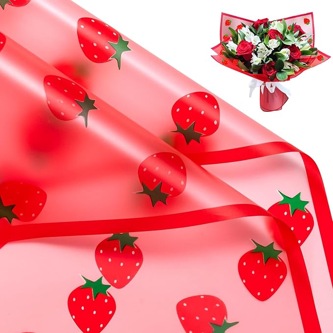 WRAPAHOLIC 20 Sheets Flower Wrapping Paper - 22.4 x 22.4 inch Red Strawberry Water-Resistant Floral Bouquet Wrapping Paper, Florist Supplies Packaging for Graduation Ceremony Gift DIY