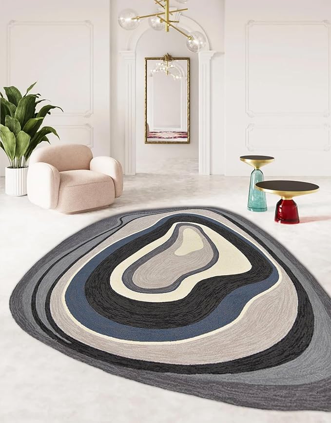 Modern Minimalist Art Texture Irregular Rug 2x3 Beige Black Gray Abstract Shaped Area Rug for Living Room Bedroom Nursery Washable Low Pile Shaggy Carpet Under Dining Table Non Skid Floor Mats