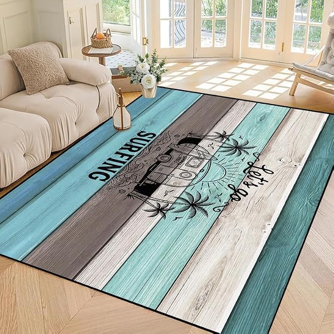 Surfing Area Rug Beach Van Palm Tree Carpet Retro Wood Grain Striped Rugs Non Slip Washable Floor Mat for Bedroom Living Room Nursery Playroom Classroom Home Decor,4'x6'