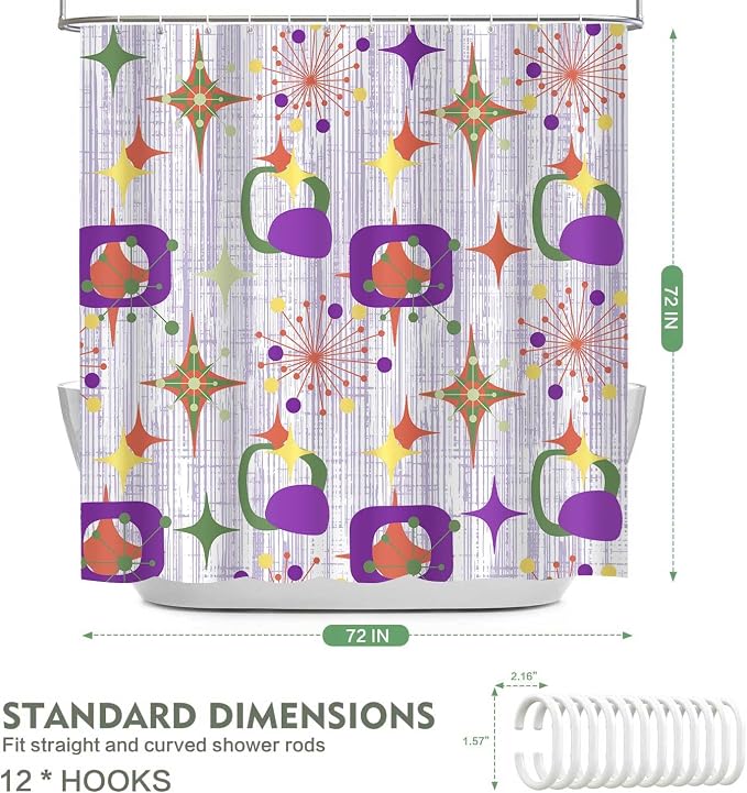 Mid Century Shower Curtain, 72x72inch, Modern Abstract Retro Purple Striped Geometric Shower Curtain Sets 1950s Boho Bathroom Shower Curtain with 12 Hooks