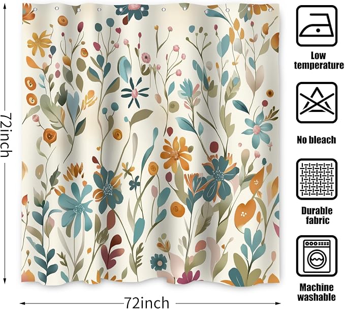 Colorful Floral Shower Curtain, Boho Wildflower Cute Flower Herbs Waterproof Fabric Machine Washable for Bathroom Bathtub Decor with Hooks 72x72