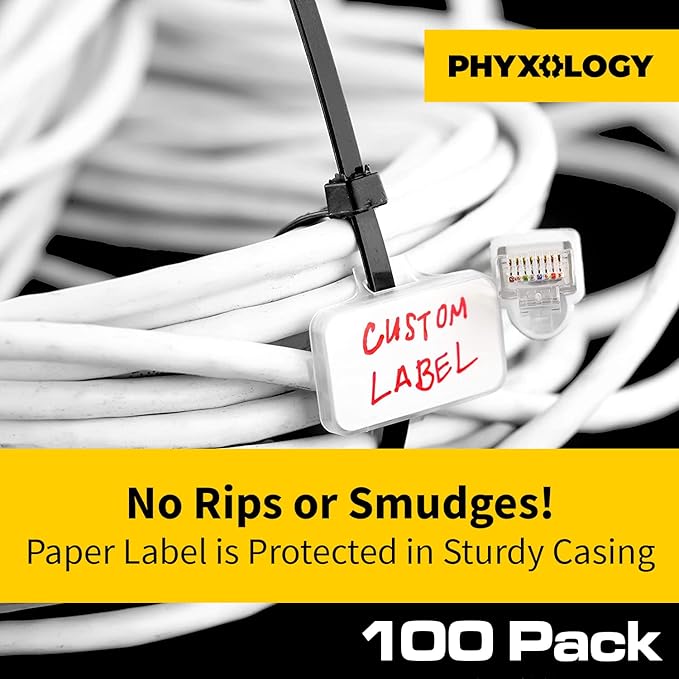 Heavy Duty, Strong 10-Inch Zip Ties and Reusable Label Boxes 100Pk. Box Attaches to Sturdy Cord Bundler for Desk, PC and Desktop Cable Management. Great White Organizer for Cables, Wires and Equipment