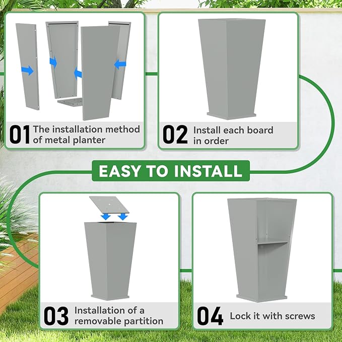Metal Planter 2 Pack, 15L x 15W x 30H, Heavy Duty Tall Planters for Outdoor Plants, Planters with Removable Insert Shelf, Large Planters with Drainage Holes for Porch, Patio, Grey