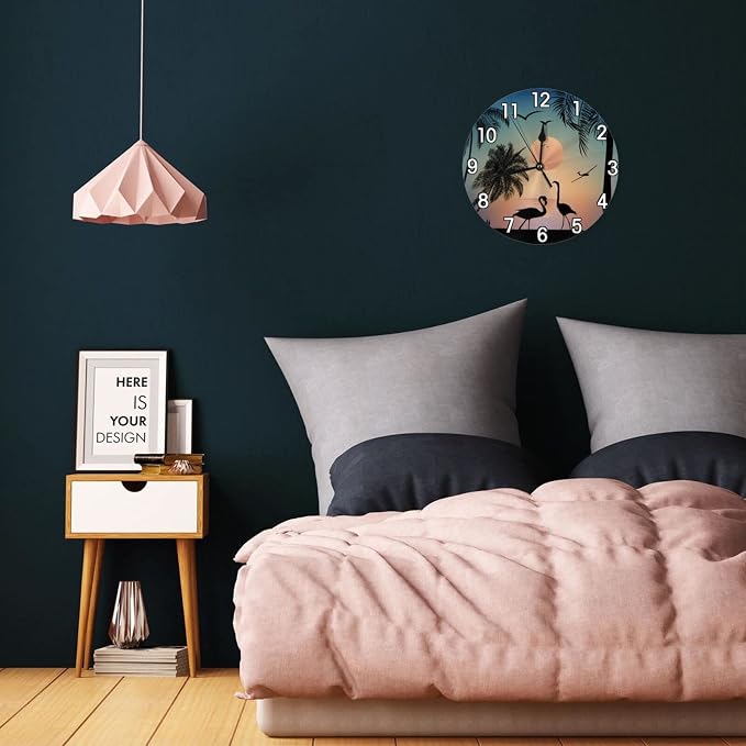 Flamingos Walking On The Sea Beach Wall Clock Battery Operated Silent Non Ticking Round Clock Wall Decor for Home Kitchen Living Room 9.8 Inch