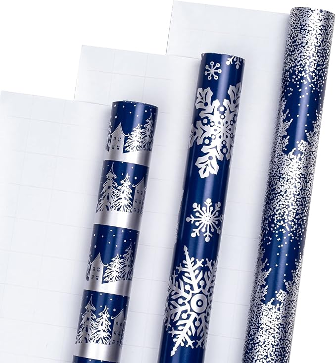 LeZakaa Navy Christmas Wrapping Paper Min Roll, Snowy Woodland Scenes House Snowflake Tree Holiday Gift Wrap, Arts Craft, for Xmas Winter Party Men Women, 17 x 120 inches, 3 Rolls