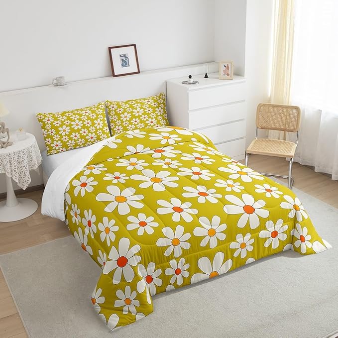 Hippie Flowers Comforter Set Twin Size,70s Retro Floral Quilt Set for Kids Boys Bedroom Collection,Groovy Cartoon White Daisy Polyester Bedding with 1 Pillowcase,2Pcs