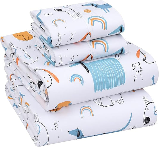 RUVANTI 100% Cotton Sheets Queen Size Set, 4 Pieces, Soft & Breathable Percale Weave Bedding, Deep Pocket 16", Hotel Standard, Crisp Cool Feeling, Durable, Perfect Floral Bed Sheet, Puppy Me