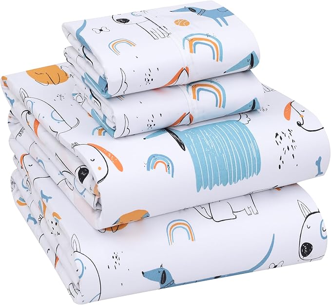 RUVANTI 100% Cotton Full Size Bed Sheets, 4 Pieces, Soft & Breathable Percale Weave Bedding, Deep Pocket 16", Hotel Standard, Crisp Cool Feel, Durable, Perfect Sheet Set Floral, Puppy Me