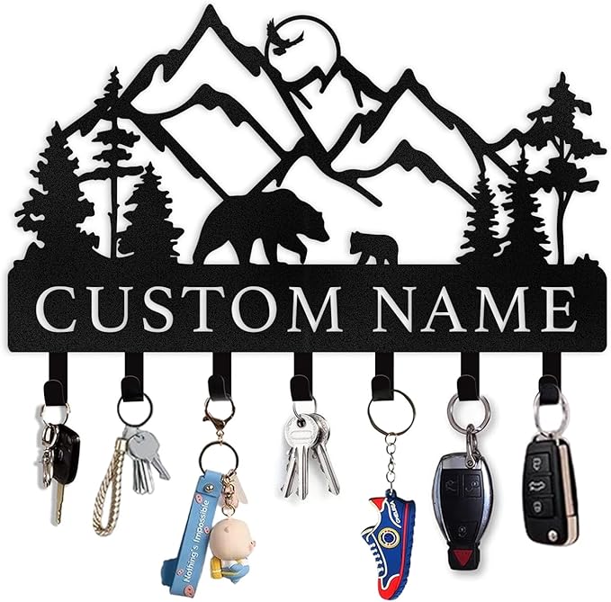 Kotagi Personalized Key Holder for Wall - Custom Name Metal Black Bear Coat Hook Key Holder Wall Mount, Key Hooks on Wall, Key Rack Hanger Organizer for Entryway, Front Door, Hallway, Home Decor