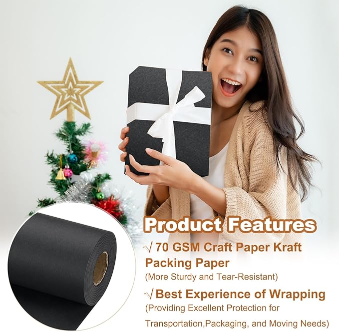 PATIKIL Wrapping Paper, 12" x 800"(66') 70 GSM Craft Paper Roll Kraft Packing Paper for Poster Bulletin Board, Gift Wrapping, Black