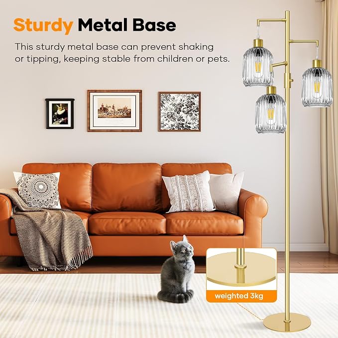 Modern Standing Lamps for Living Room, Floor Lamp with Clear Ribbed Glass Shade, Dimmable Tree Lamp Standing Lamp, Mid Century Tall Lamps with 3×600LM LED Bulbs