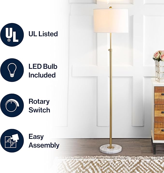 JONATHAN Y 65" Brass Gold and White Marble Adjustable LED Floor Lamp, Modern Glam Standing Light for Living Room Bedroom, White Linen Shade, Bulb Included JYL3022A