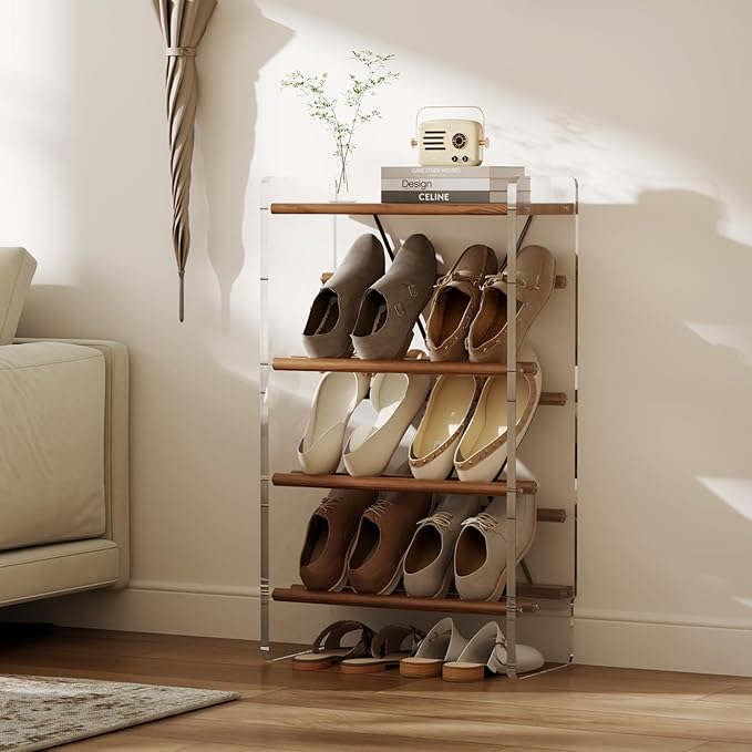 YQJJGL Free Standing Shoe Rack & Closet Shoe Shelf, for Entryway Small Space, Front Door, Garage, 4-Tier Slanted, Solid Wood & Acrylic Frame with Top Shelf Storage