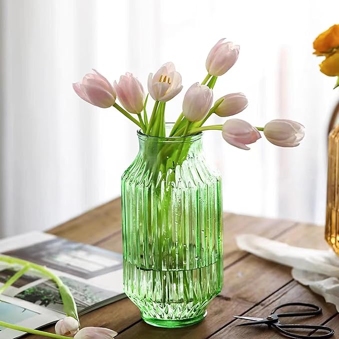 Flower Vase,Glass Vase,9.2 inch,Vintage Clear Ribbed Glass Vase for Home Decor,Bookshelf,Dinner Table,Indoor Office Desktop,Meeting Room,Home Christmas Day Decoration