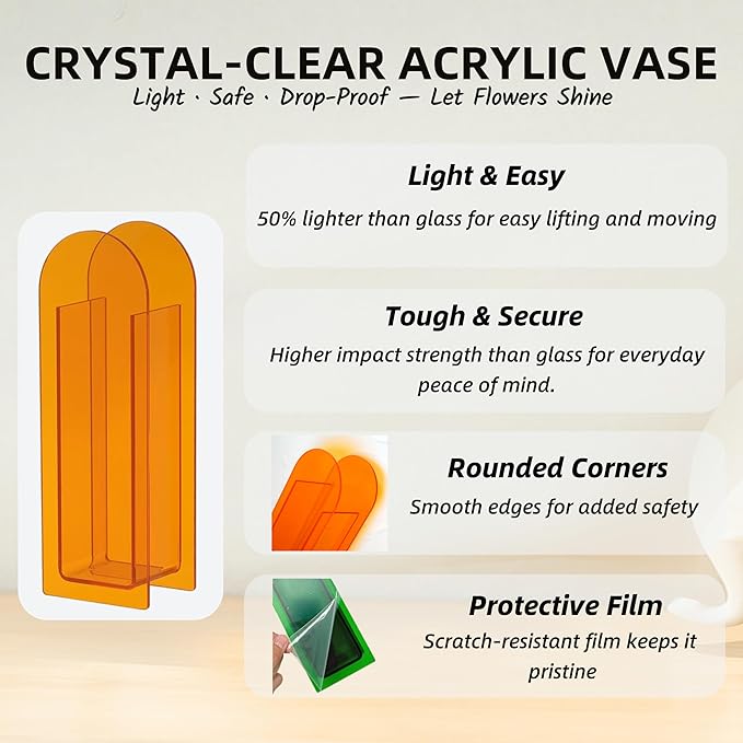 Acrylic Vase Creative Gifts Minimalist Design Wedding Centerpiece Home Office Decor Elegant Floral Display Stand(Not Including Flowers) (Full-Orange, 1PCS)