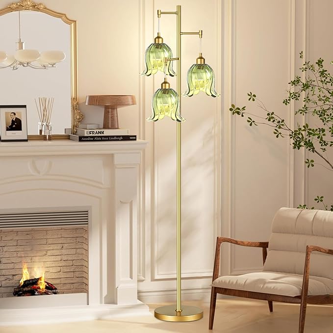 QIYIZM Gold Floor Lamp for Living Room,Bedroom,Tree 3 Light Standing Lamp Mid Century Modern Brass Tall Floor Lamps Vintage Retro Floor Lights Green Glass Flower Lamp Shade Farmhouse Boho Bohemian