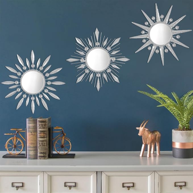 Silver Mirrors Wall Decor, Metal Sunburst Mirror Wall Art Christmas Decorative Mirrors, 9 inch Home Christmas Decoration Rhinestone Small Mirror for Living Room Entryway Set of 3