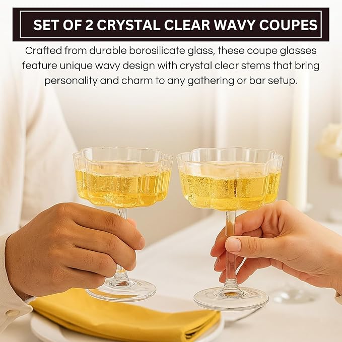 Khen Vintage Wavy Glass Coupes Martini, Champagne & Cocktail Coupes - Set of 2-7oz Colorful Cocktail Glasses & Champagne, Prosecco, Mimosa Glassware Copyright Design - Crystal Clear