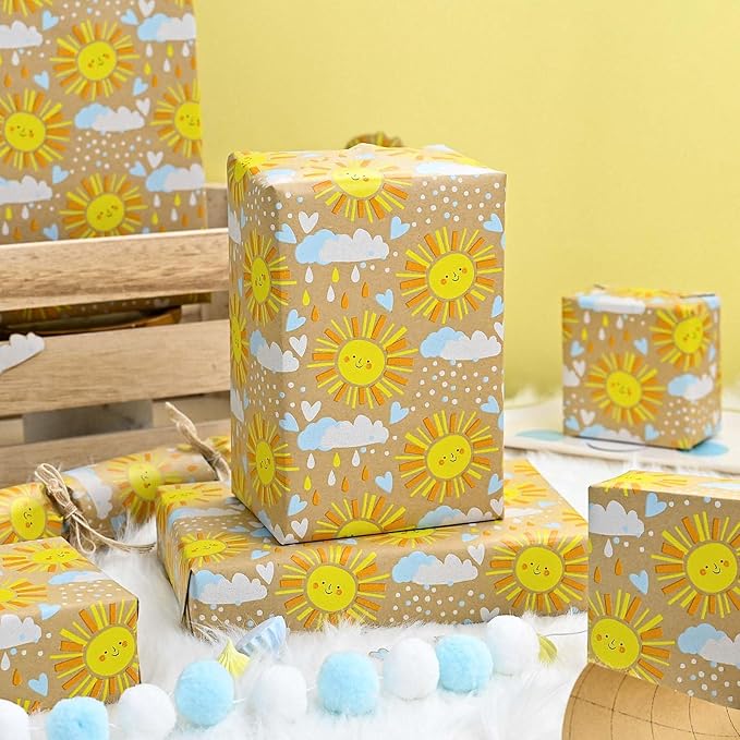 MAYPLUSS Kraft Baby Shower Wrapping Paper, Recyclable Sunshine, Cloud & Heart Design Baby Gift Wrap Paper for Children Birthday, Party, Holiday, Cute Wrapping Paper Mini Roll (17 Inch X 33 Feet)