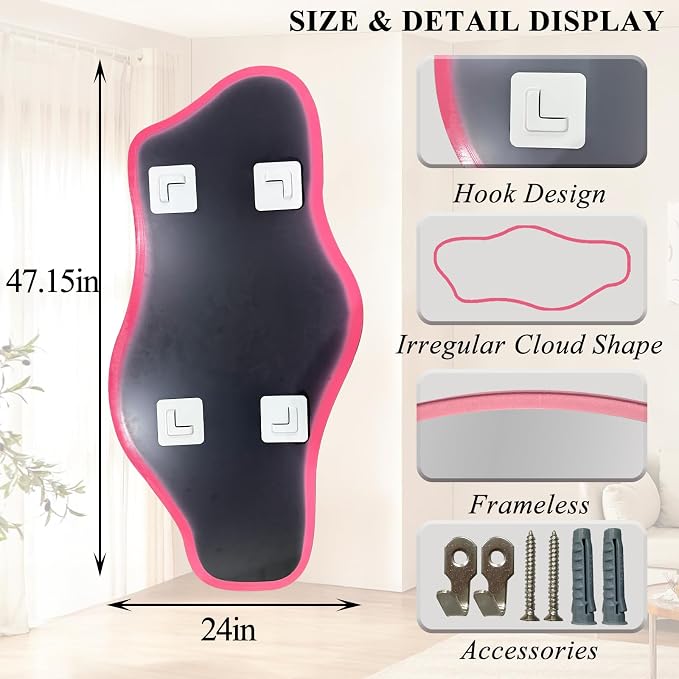 Irregular Tempered Glass Mirror, 47.2"x24" Pink Asymmetrical Aesthetic Wall Mirror, Modern Organic Shape Frameless Mirrors for Entryway Bedroom Living Room, Horizontal or Vertical Hanging