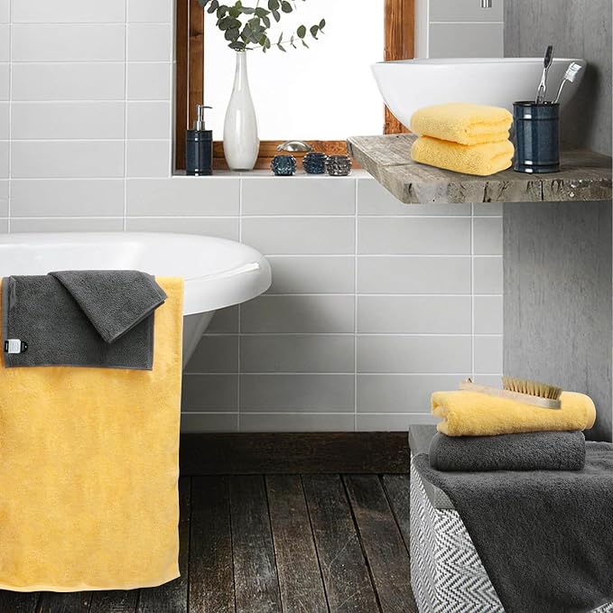 SEMAXE Bath Towel Set, 18 Piece Towel Set for Bathroom, Large Value Pack, Quick Dry Cotton Towels with Hanging Loops, Easy Care, Yellow & Gray