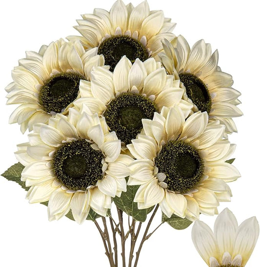 Hollyone Large Silk White Sunflowers Artificial Flowers 26" Long Stem Sunflowers Fake Flowers 6PCS Faux Vintage Fall Sunflowers Bouquet Bulk for Home Wedding Birthday Party Centerpieces Decorations
