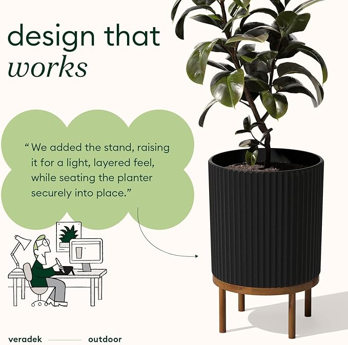 Veradek Demi Series Round Planter w/ Stand for Porch/Patio | Durable Plastic-Concrete & Wooden Stand | Modern Décor for Tall Plants, Flowers