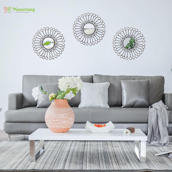 Black Mirrors 3 Piece, Sunburst Mirror Hanging Wall Decor, 9 inch Decorative Mirrors Wall Art, Rhinestone Round Mirror for Bedroom, Valentine, Kitchen, House Warming Valentine Gifts