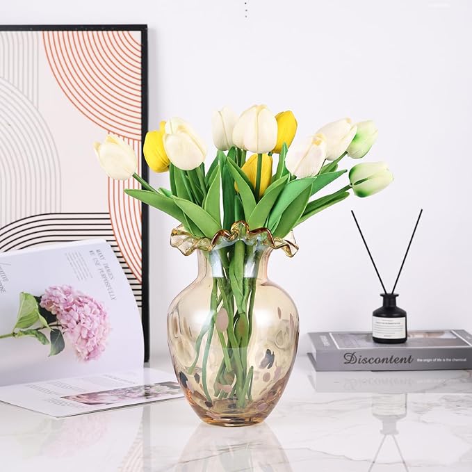 Hand Blown Amber Glass vase, Unique Glass Wide Mouth vase for Console Office TV Stand Coffee Table entryway Entrance Desktop Living Room Dining Table Centerpiece.