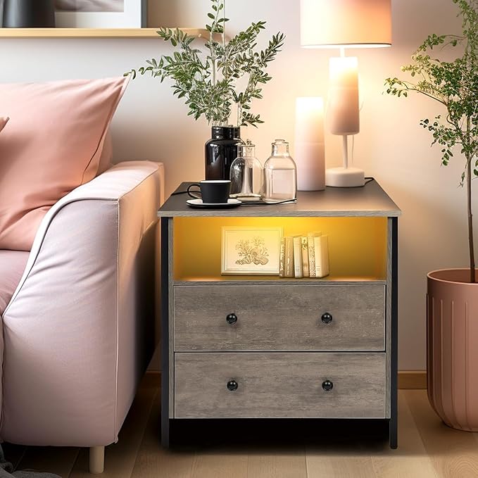 27 Inch Wide Night Stand, Lrage Wood Night Stand Set 2 with 2 Drawers, LED Nightstand with Charging Station and Adjustable Drawer, Bedside Table for Living Room/Bedroom/Study/Office, Gray.