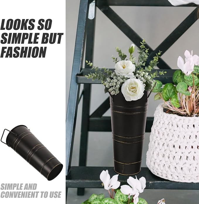 Retro Flower Arrangement Bucket Vintage Iron Flower Pot with Handle Decorative Floral Vase for Home Tabletop Rustic Plant Container