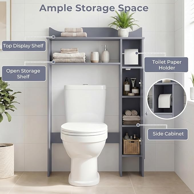 Tangkula Over the Toilet Storage Cabinet, Bathroom Organizer with Toilet Paper Holder, Adjustable Shelves, Freestanding Behind Toilet Stand, Perfect for Bathroom, Laundry (Gray)