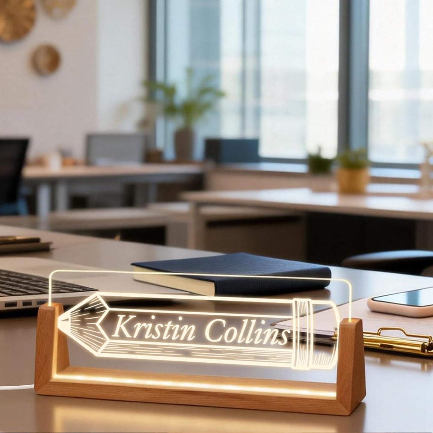 Skiennix Personalized Light Up Acrylic Desk Name Plate - Custom Walnut Base Office Gift (Pencil)