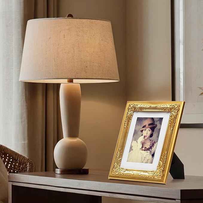 7x9 Gold Picture Frame with Baroque Flower Trim, Solid Wood with Real Glass, Display 7x9 Photos Matted to 5x7, Vertical and Horizontal Desk Tabletop or Wall Hanging,Ornate Vintage Style