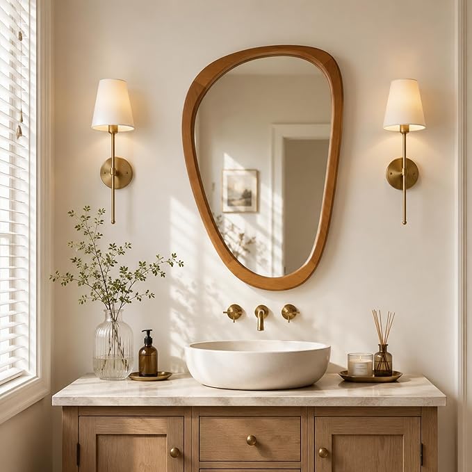 Solid Wood 30"x20" Irregular Asymmetrical Mirror, Japandi Boho Organic Shaped Decorative Accent Mirror, Small Natural Honey Walnut Wooden Wall-Mounted Mirror, Warm Walnut