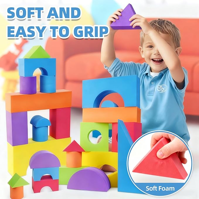 Large Building Foam Blocks for Toddlers, EVA Stacking Foam Building Blocks Toy Set, Non-Toxic, Washable, Early Learning Construction Toys & Gifts for Kids Boys & Girls (Blue, Pieces, 60)