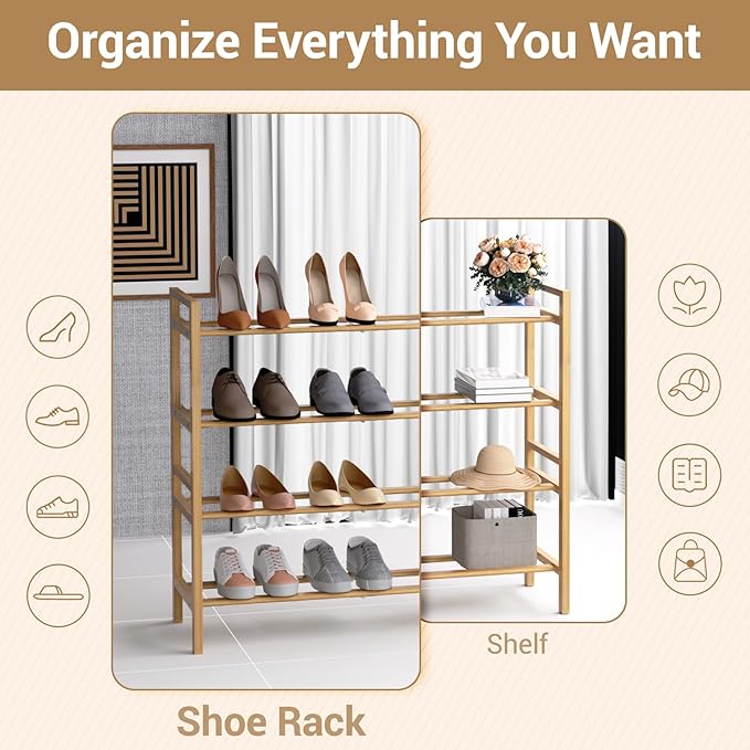 Haddockway Bamboo Shoe Rack for Closet, Free Standing Shoe Organizer with Smooth Round Rods & Convenient Handles, Stackable Shoe Storage Shelf for Entryway, Hallway(Natural, 5-Tier)