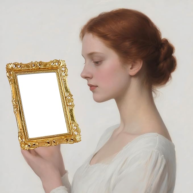 Funerom Vintage Decorative Mirror, Wall Mounted & Tabletop Makeup Mirror (Antique Gold, 8.8 x 6.8 inch)