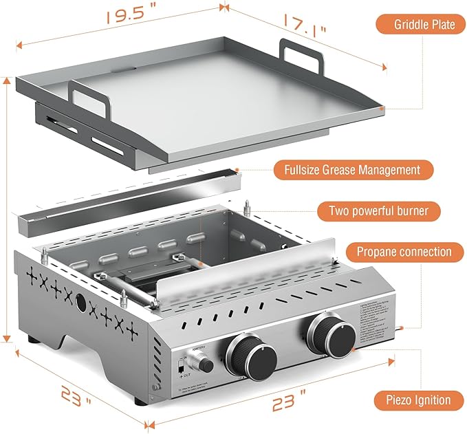Electactic Portable 2 Burner Flat Top Grill, 23" Table Top Gas with Handle, 333 Sq. In. Cooking Area, 16000 BTU Outdoor Griddle for Kitchen, BBQ, Camping, Stainless Steel