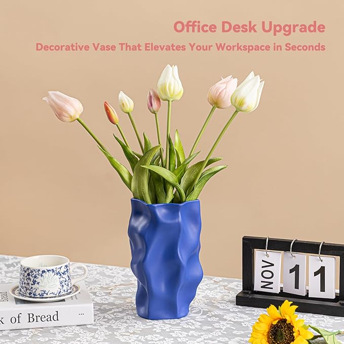 Blue Ceramic Vase for Home Décor – Modern Unique Flower Vase, Decorative Table Centerpiece – Handcrafted Ceramic Vase for Living Room, Office & Gift Ideas (ChifonCyan 8.3 inches)