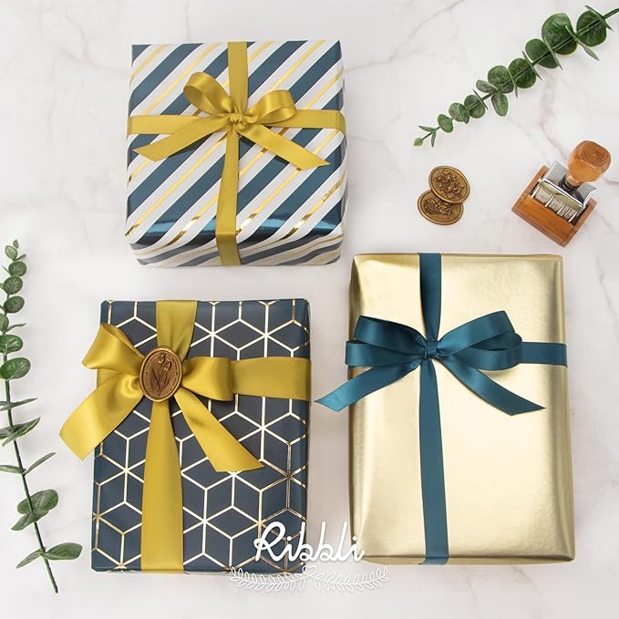 Ribbli Teal Gold Father’s Day Wrapping Paper Mini Roll, 3 Rolls Birthday Gift Wrap for Men Boy Friend Wedding - 17 inch x 120 inch(10feet) Per Roll