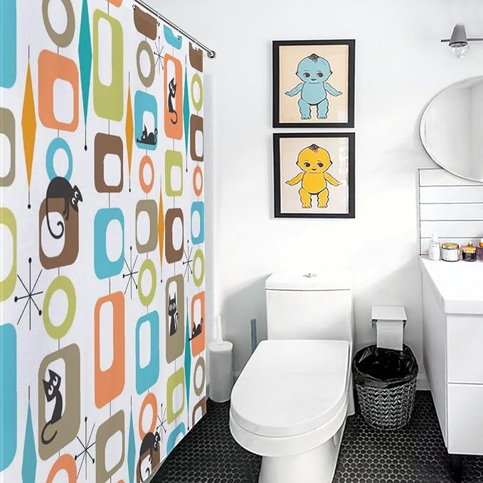 Mid Century Modern Shower Curtain, Retro Geometric Atomic Abstract Cat Pattern Middle Century 1950s 1960s Orange Waterproof Fabric Bathroom Shower Curtain Set with Hooks, 72"x78" Inch