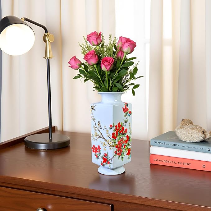 MTME Porcelain Figurines, Jingdezhen Decorative Flower vase, Home Decor, Wedding Gifts, Aesthetic Sculpture Home décor (red Flowers)