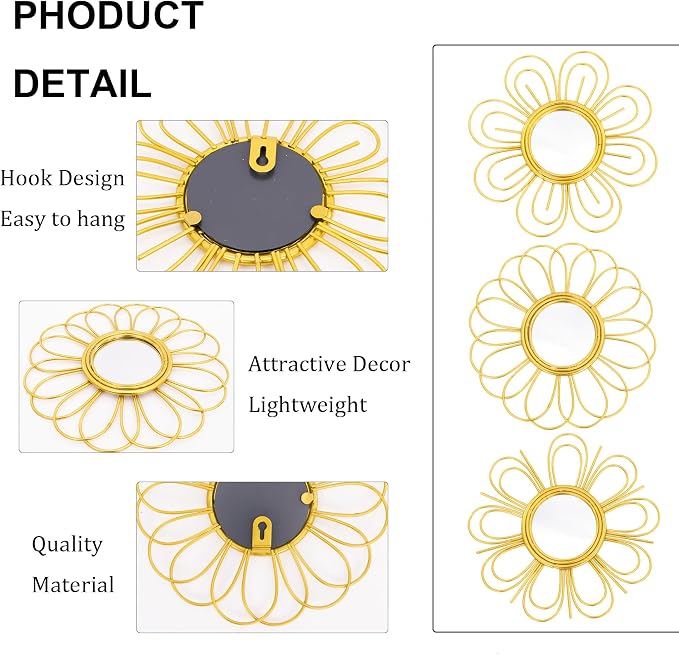 Gold Mirrors 3 Piece, 9 inch Flower-Shaped Mirror Hanging Wall Decor, Valentine Decorative Mirror Wall Art, Round Mirrors for Bedroom,Living Room,Bathroom, House Warming Valentine Gifts