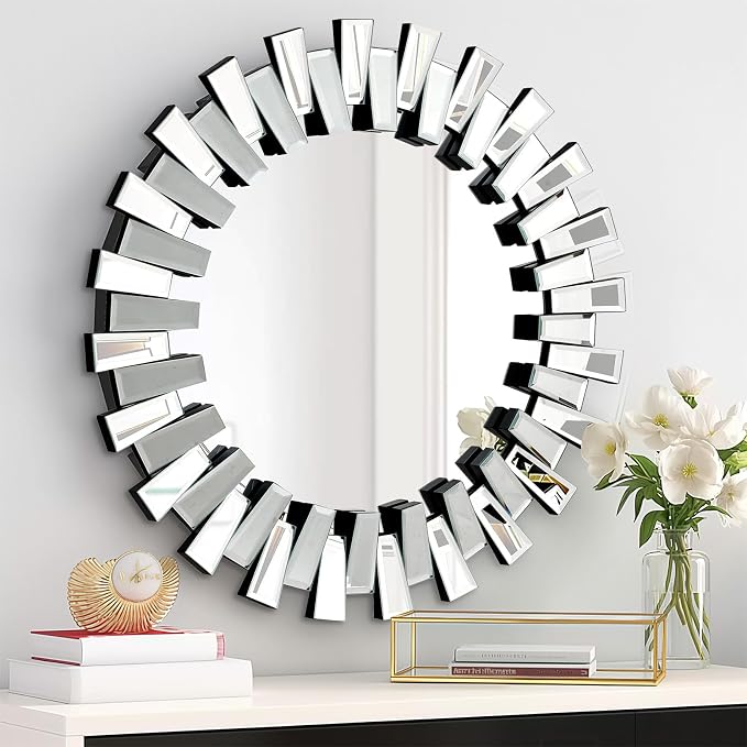 QDSSDECO Round Mirror Sunburst Wall Mirror 24" Beveled Edge Frameless for Living Room Bathroom Bedroom Entryway Decor