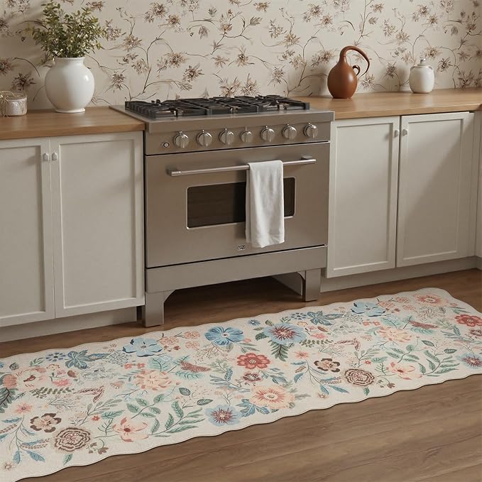 DCX Beige Floral Rug 2x6, Washable Beige Rug for Living Room, Kid & Pet Friendly with Rubber Back Non Slip, Soft Low Pile Carpet, Stain Resistant Rug for Bedroom, Nursery, Dining Room