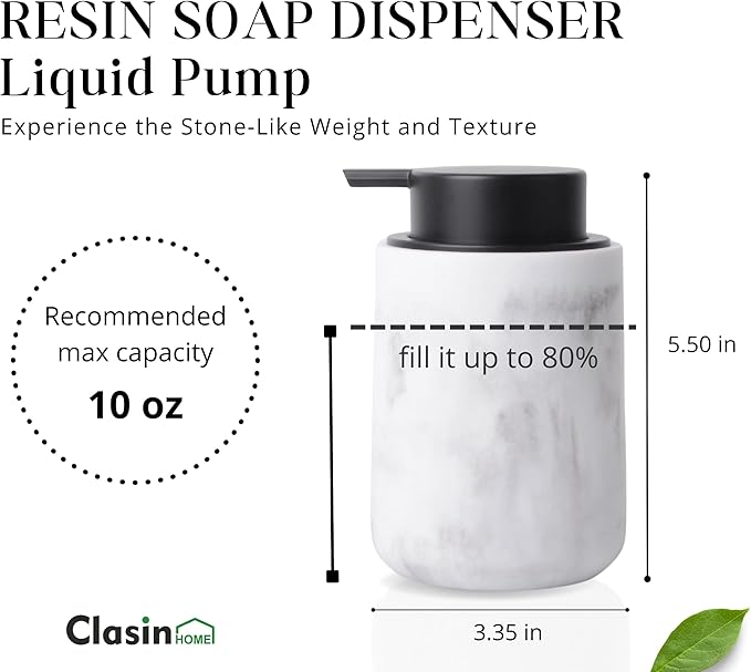 Clasin Home Resin Hand Soap Dispenser Easy-to-Press Liquid Pump, Refillable Soap Dispenser with White Marble Look, Waterproof Bottle Labels for Bathroom Kitchen Dish Lotion (White, 10 oz)