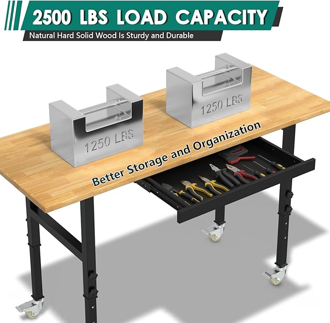 Adjustable Heavy Duty Workbench with Drawers,Rubber Wood Top Working Table, 2500 LBS Load Capacity with for Workshop and Office,etc.