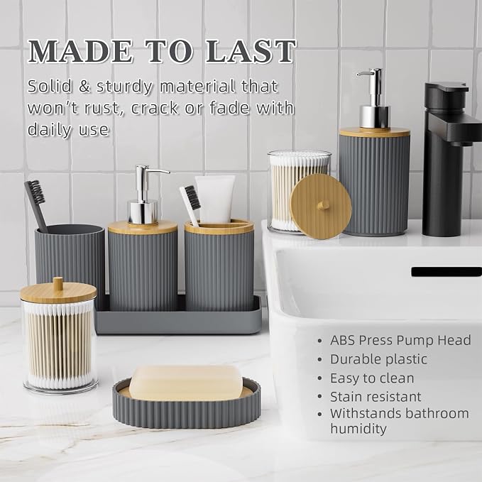 Gray Bathroom Accessories Set, 25 Pcs Bathroom Decor Set with Shower Curtain, Rugs, Trash Can, Soap Dispenser, Toothbrush Holder, Tumbler, Soap Dish, Storage Jars and Hooks for Guest Bath